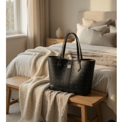 Genuine Cowhide Leather Tote Bag – Large Horizontal Square Shoulder Bag with Letter Detail, Double Strap Urban Tote for Women, Spring 2025 Daily Handbag