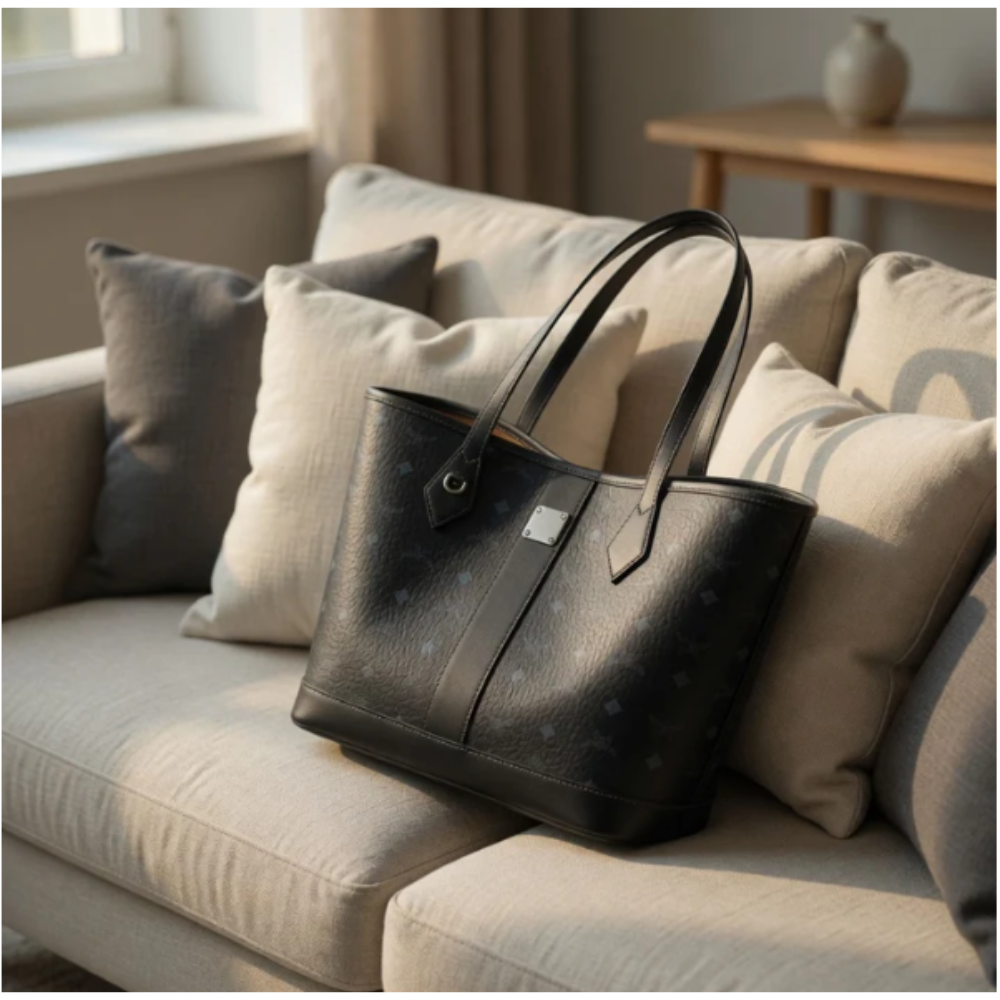 Genuine Cowhide Leather Tote Bag – Large Horizontal Square Shoulder Bag with Letter Detail, Double Strap Urban Tote for Women, Spring 2025 Daily Handbag