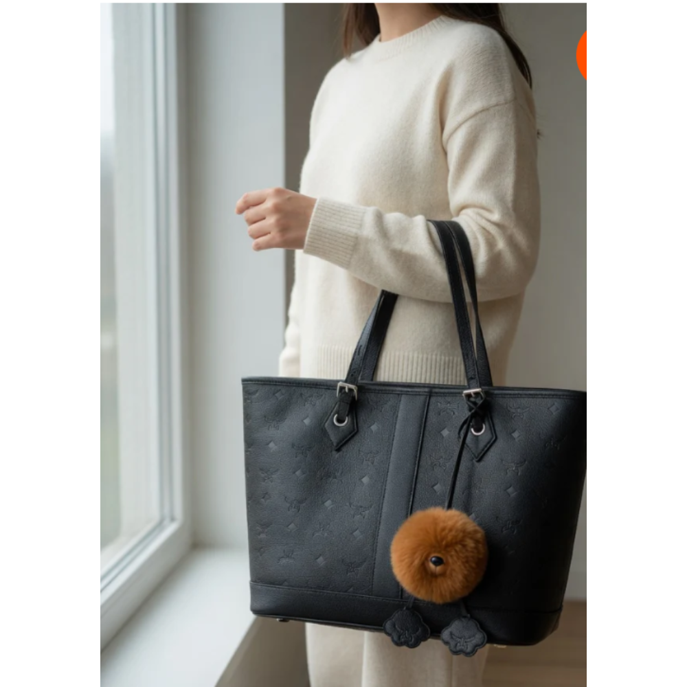 Genuine Cowhide Leather Tote Bag – Large Horizontal Square Shoulder Bag with Letter Detail, Double Strap Urban Tote for Women, Spring 2025 Daily Handbag