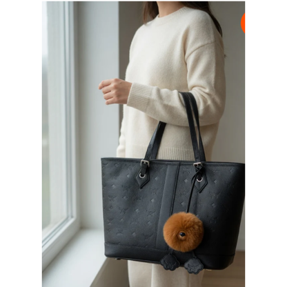 Genuine Cowhide Leather Tote Bag – Large Horizontal Square Shoulder Bag with Letter Detail, Double Strap Urban Tote for Women, Spring 2025 Daily Handbag