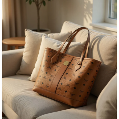 Women’s Genuine Cowhide Leather Tote – Large Horizontal Square Shoulder Bag with Double Straps & Letter Detail